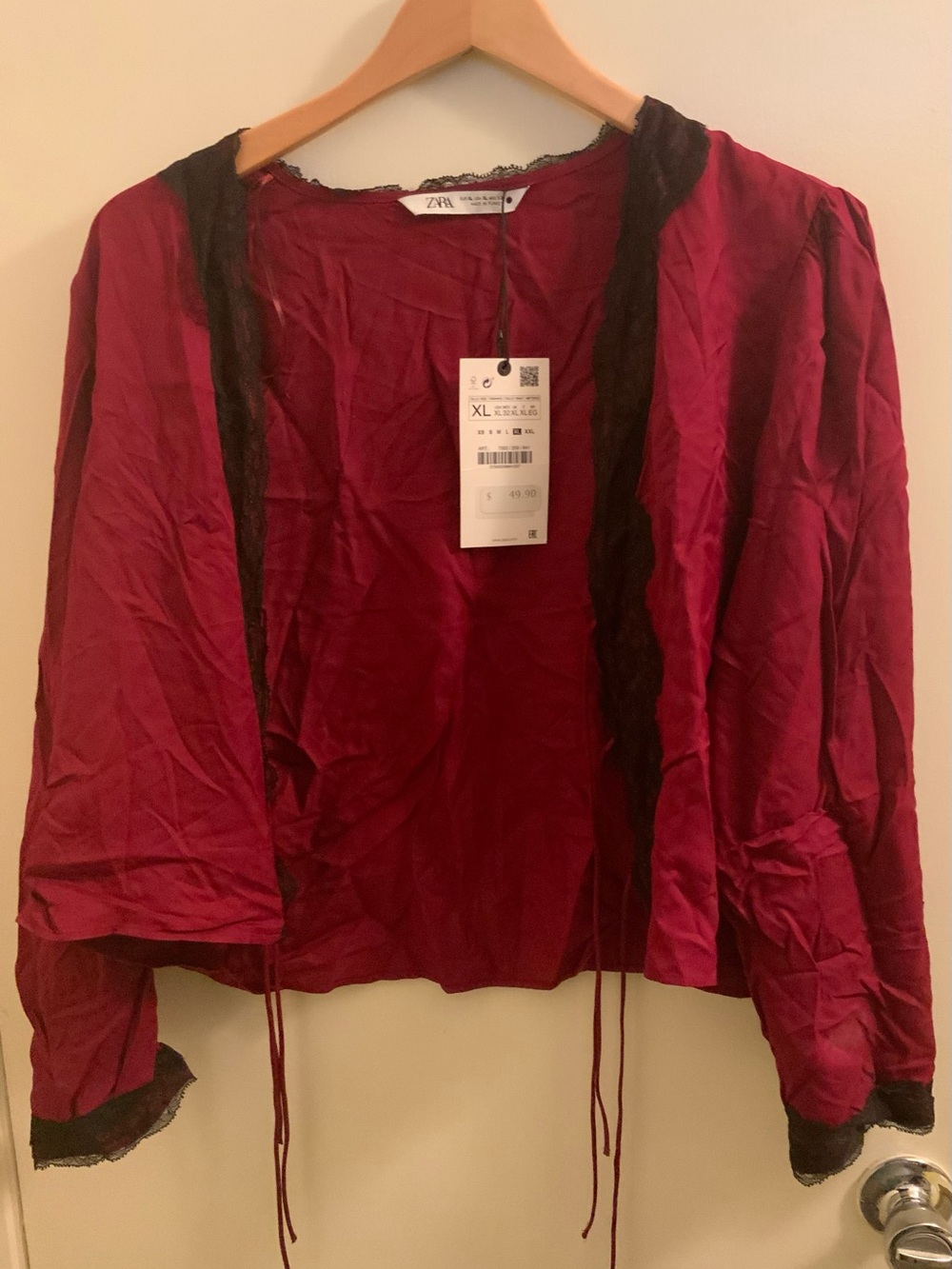 Zara Burgundy Satin Top with Black Lace Trim